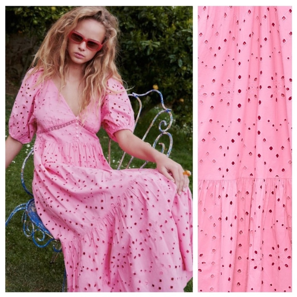 NWT | Zara Pink Openwork Embroidered Midi
V-neck Dress | Size M - Picture 8 of 13